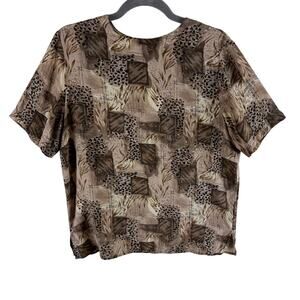 QUO-Silk Vintage 100% Silk Leopard Print Short Sleeve Crew Neck‎ Blouse Size S